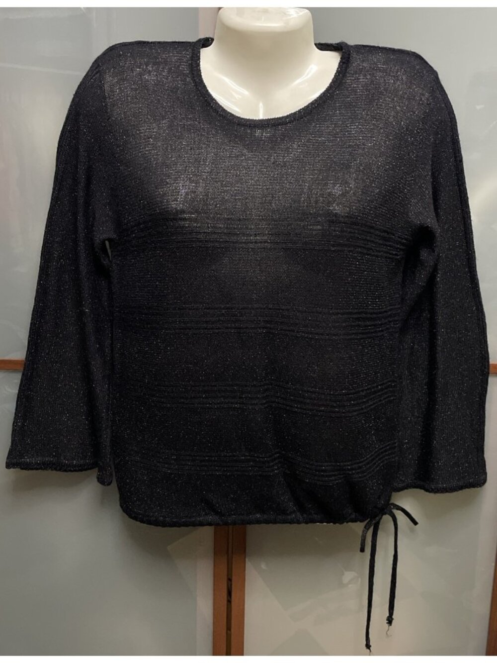 Joyce Vintage 60s 70s Large Black Metallic Knit Drawstring Hem Tie Sweater Top